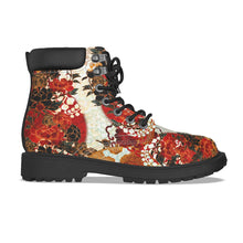 Cargar imagen en el visor de la galería, Unisex Vegan Leather Boots – Peony Crest Red & White