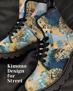 Japanese Kimono pattern Canvas Boots Blue for Women