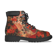 Load image into Gallery viewer, Unisex Vegan Leather Boots – Peony Crest Black &amp; Red
