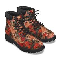 Load image into Gallery viewer, Unisex Vegan Leather Boots – Peony Crest Black &amp; Red
