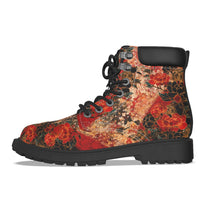 Load image into Gallery viewer, Unisex Vegan Leather Boots – Peony Crest Black &amp; Red

