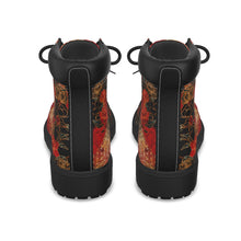 Load image into Gallery viewer, Unisex Vegan Leather Boots – Peony Crest Black &amp; Red
