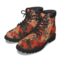 Load image into Gallery viewer, Unisex Vegan Leather Boots – Peony Crest Black &amp; Red
