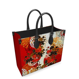 Peony crest art Red White Leather Shopper Bag